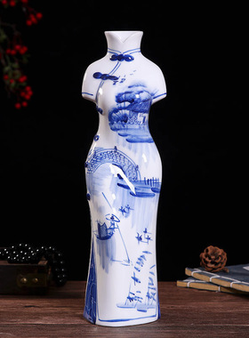 青花瓷器旗袍人物摆件景德镇陶瓷器工艺品中式家居客厅饰品纯手工