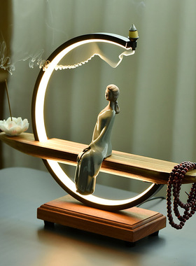 新中式USB灯饰倒流香陶瓷摆件创意家用客厅玄关桌面家居装饰摆设