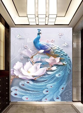 走廊过道竖版浮雕孔雀中式风墙纸