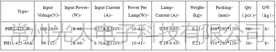 紫外线电子镇流器型号为PH11-425-2/21U电压从110V到240V有UL证书