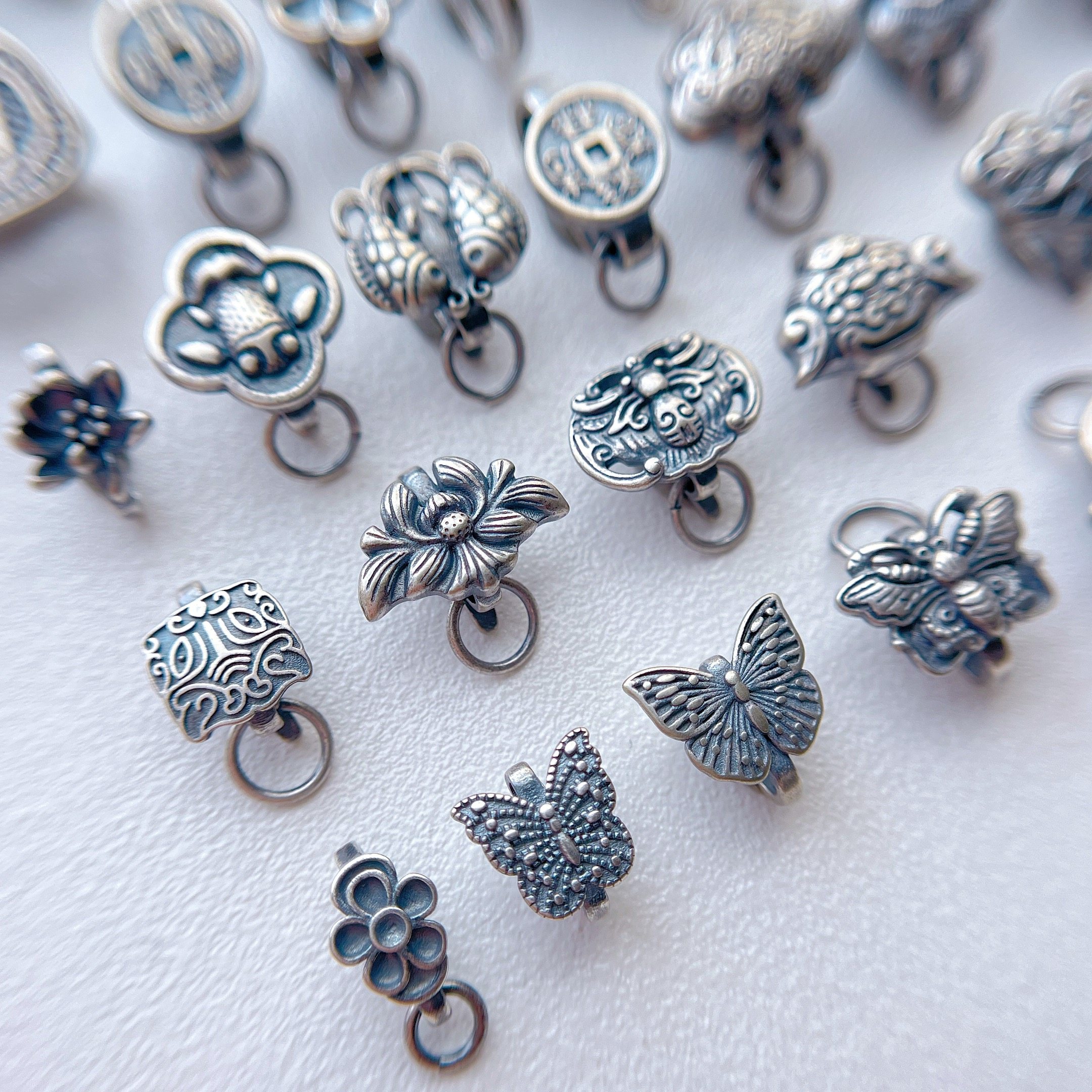 三七老银饰品配件蝴蝶喜字羽毛莲花吉象鱼压襟扣diy手链项链尾扣,淘宝优惠券,粉丝福利购,淘宝优惠卷