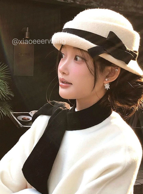 帽子赫本风女秋冬礼帽法式复古蝴蝶结千金帽高级感显脸小渔夫帽