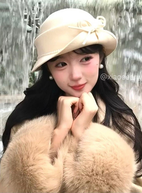 帽子女款法式千金风蝴蝶结翻檐卷边礼帽秋冬季显脸小高级感渔夫帽