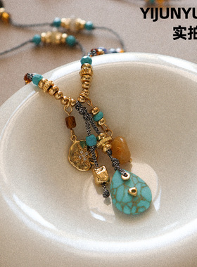 复古时尚精致流苏松石串珠长款项链轻奢小众感编绳串珠毛衣链