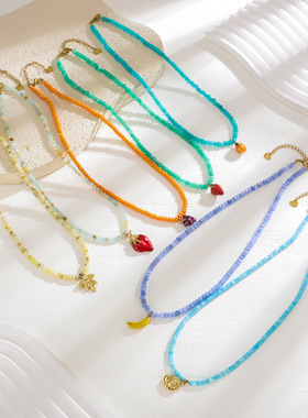 跨境欧美风彩色枫叶水果海螺不锈钢吊坠天然石女串珠项链适合