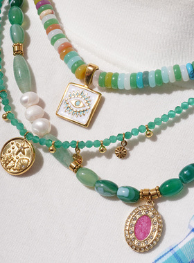 欧美彩色飞盘天然石项链不锈钢恶魔之眼项链天然淡水珍珠串珠