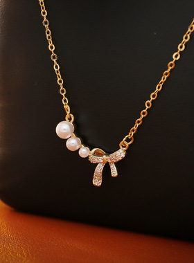 时尚蝴蝶结珍珠项链感简约精致百搭锁骨链甜美清新先仙女颈链