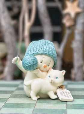 持续瓷生 出口陶瓷D56雪娃雪宝蓝色帽子小猫可乐饮料摆件工艺品