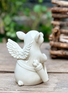 持续瓷生 出口白膜陶瓷宠物天使丘比特稻草人猪工艺品摆件