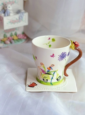 陶瓷釉下彩蜜蜂红色蝴蝶咖啡杯