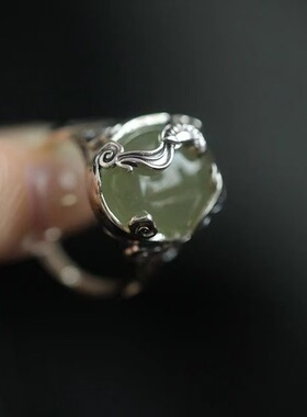 绿意盎然新中式浮雕浪花纹绿色古风戒指小众国风轻奢精致开口戒