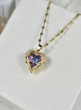 欧美跨境海洋之心炫丽紫光爱心彩色水金吊坠项链女高级锁骨链配饰