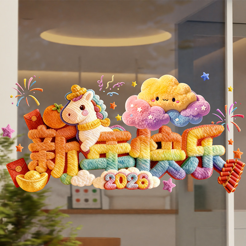 马年裸眼5D毛绒视觉质感可爱小马静电贴装饰橱窗玻璃装饰科学实验,淘宝优惠券,粉丝福利购,淘宝优惠卷