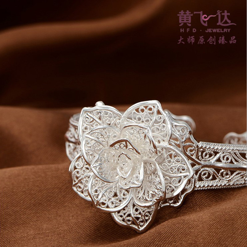 银手镯女纯银开口宽面S990原创手工银饰玫瑰花手镯个性时尚黄飞达_虎窝淘