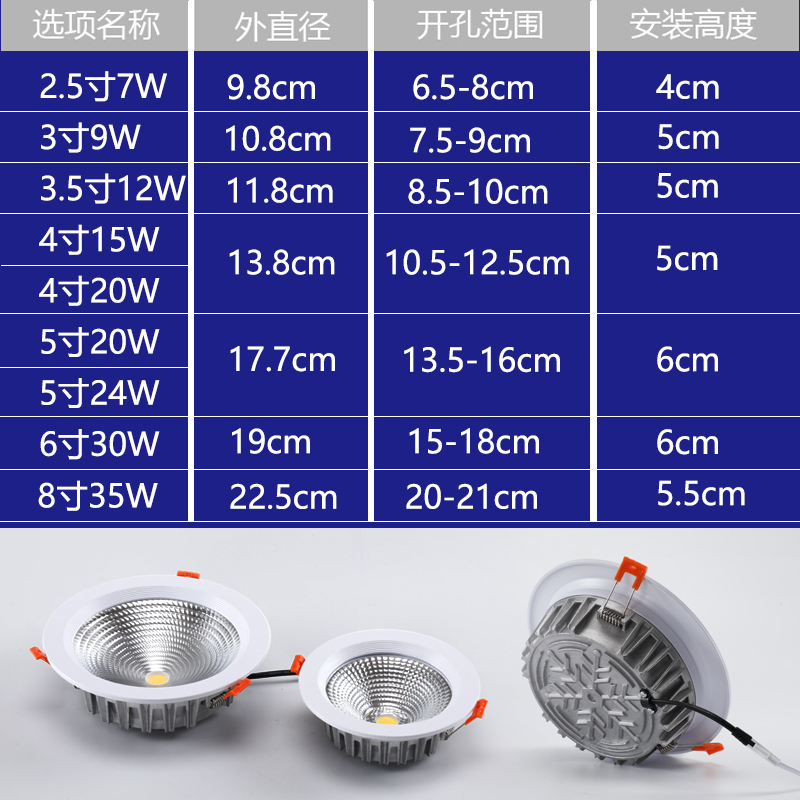 cob筒灯嵌入式天花灯3500K散光高亮4寸20W开孔12cm7W服装商铺简灯 - 图2