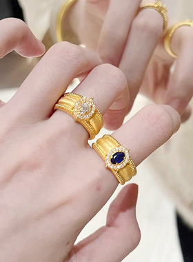 S925镀银中古风精致优雅彩色戒指女时尚百搭气质镀银轻奢开口食指