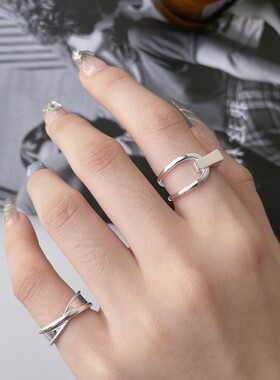 S925镀银几何线条交叉戒指女简约时尚个性百搭镀银开口指环创意食