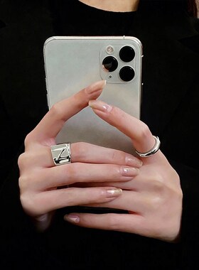 S925镀银褶皱素圈开口戒指女复古ins冷淡风小众嘻哈镀银网红食指