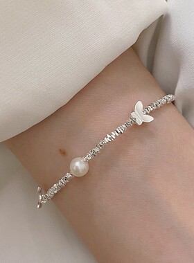 S925镀银切割方块手链女时尚气质绿色仿珍珠镀银手环小众个性百搭