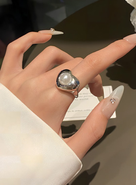 【两件包邮】ins风仿珍珠爱心戒指女网红个性时尚百搭开口指环创