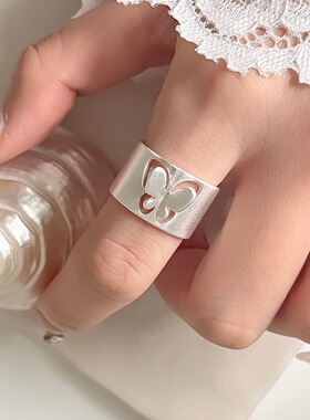 S925镀银甜酷立体蝴蝶戒指女镂空蕾丝花边开口指环百搭叠戴气质个