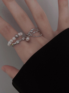 【两件包邮】日韩S925镀银甜美仿珍珠戒指女复古时尚流苏链条开口