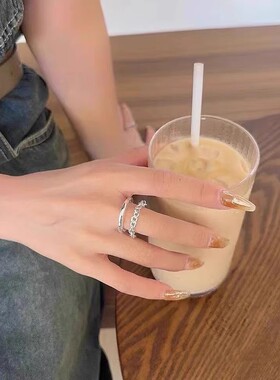 S925镀银甜酷双层链条戒指女几何素圈线条个性百搭开口指环小众设