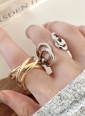 S925镀银简约冷淡风几何线条缠绕戒指女个性时尚百搭气质开口指环