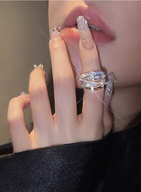 S925镀银轻奢风闪亮戒指女简约线条交叉气质宽边镀银开口指环食指