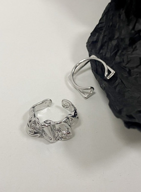 S925镀银韩版镀银褶皱不规则戒指女复古气质夸张双层方圆开口指环