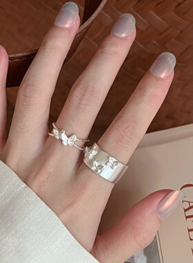 S925镀银高级感立体蝴蝶戒指女宽面磨砂轻奢设计感开口指环小众个