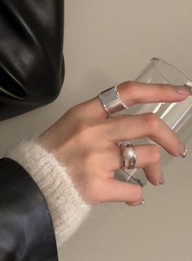 【两件包邮】宽边几何戒指女简约交叉珍珠多层线条S925银开口指环