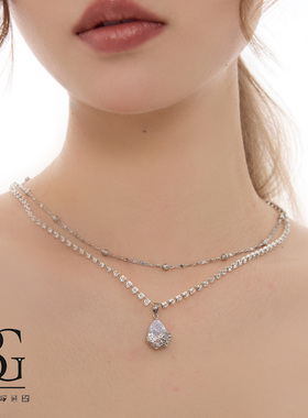 「BG官方」 双层叠穿水滴吊坠花纹钻连 小众轻奢高级感百搭锁骨链