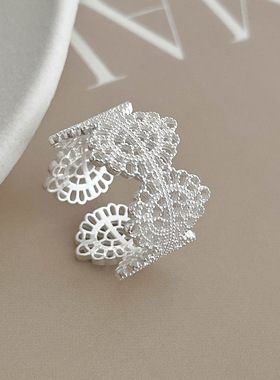 雾中花｜S925纯银中古风镂空蕾丝法式戒指女轻奢高级感开口食指环