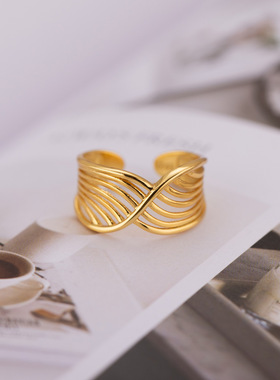 韩版新款波浪925纯银戒指 鸟巢线条开口指环女简约时尚个性银饰品