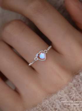 恋人心｜新品S925纯银月光石爱心抽拉可调节戒指女彩色食指链条戒