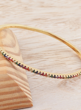 欧美风时髦镀金镶嵌彩色锆石手镯