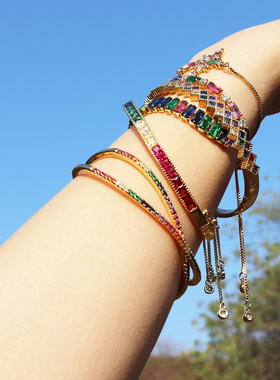 原创彩色锆石度假风手镯镀金开口