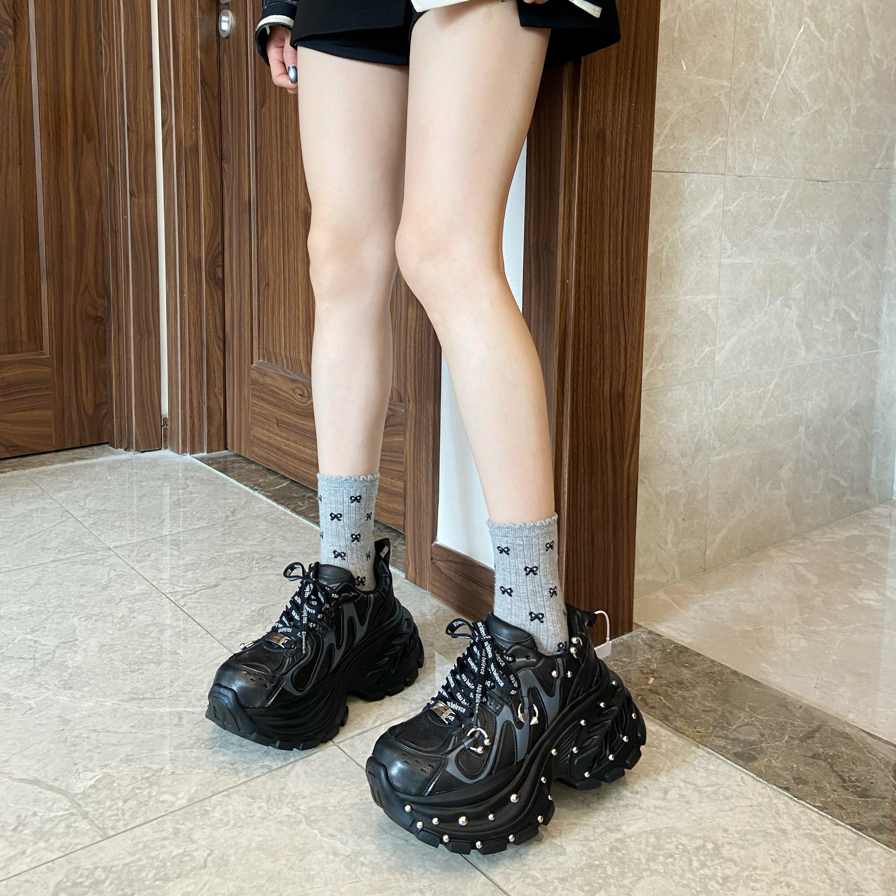 真皮厚底增高做旧擦色老爹鞋女2025秋季新款百搭铆钉休闲运动鞋潮 - 图2