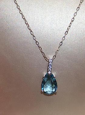 人鱼之泪项链海宝蓝新款合成蓝水晶吊坠水滴梨形欧美项饰品女高级