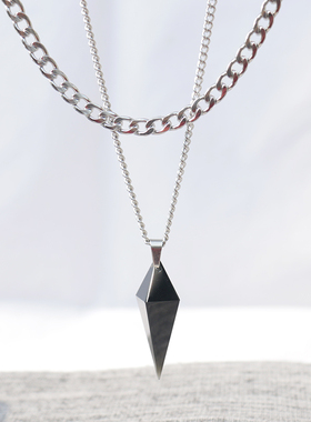 知了原创天然黑曜石钛钢项链男