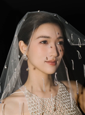 手工制作新娘遮面面纱拍结婚照小头纱钉珠时尚简约结婚配饰白色