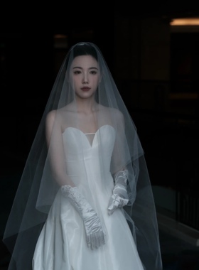 头纱新娘主婚纱长款拖尾高清清透素纱裸纱摄影氛围拍照造型样片白