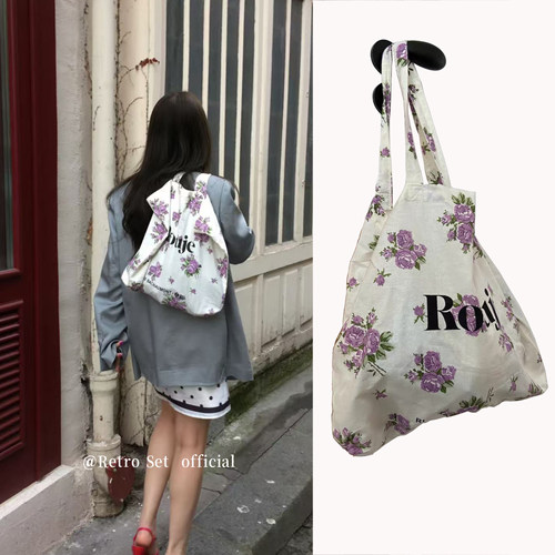 自制rouje26紫色碎花布袋购物环保袋法式单肩包百搭时尚托特包 - 图3