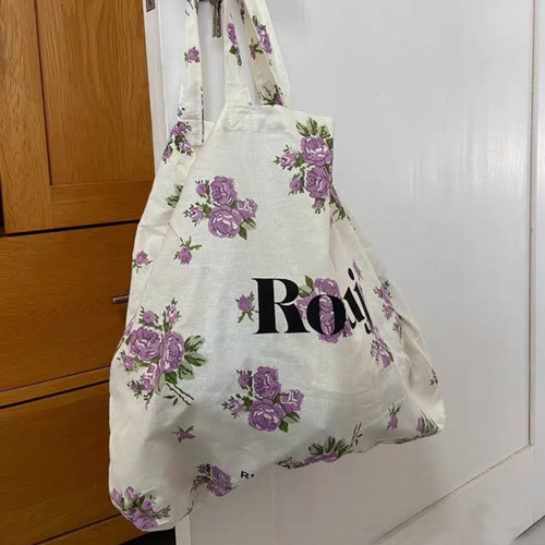 自制rouje26紫色碎花布袋购物环保袋法式单肩包百搭时尚托特包 - 图2