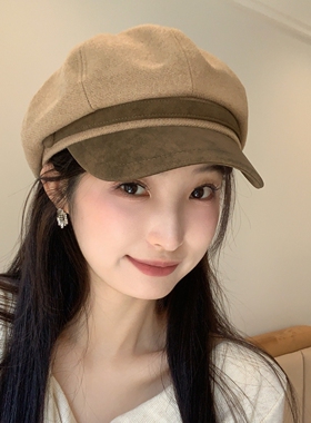 2025新款秋冬毛呢pu皮贝雷帽女