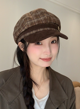新款秋冬毛呢复古格子贝雷帽女