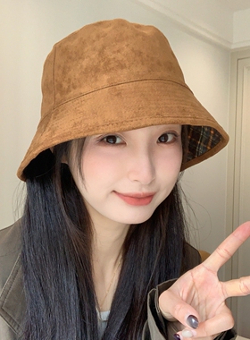 秋冬中古风麂皮绒双面戴渔夫帽女