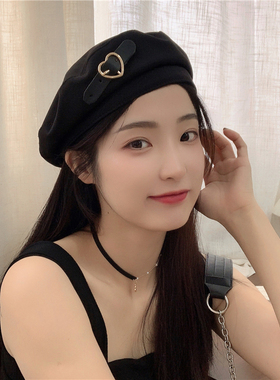 被爱心狙击~黑色甜拽金属贝雷帽女夏季透气复古优雅气质画家帽潮