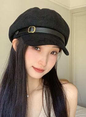 韩系秋冬新款麂皮绒复古贝雷帽女